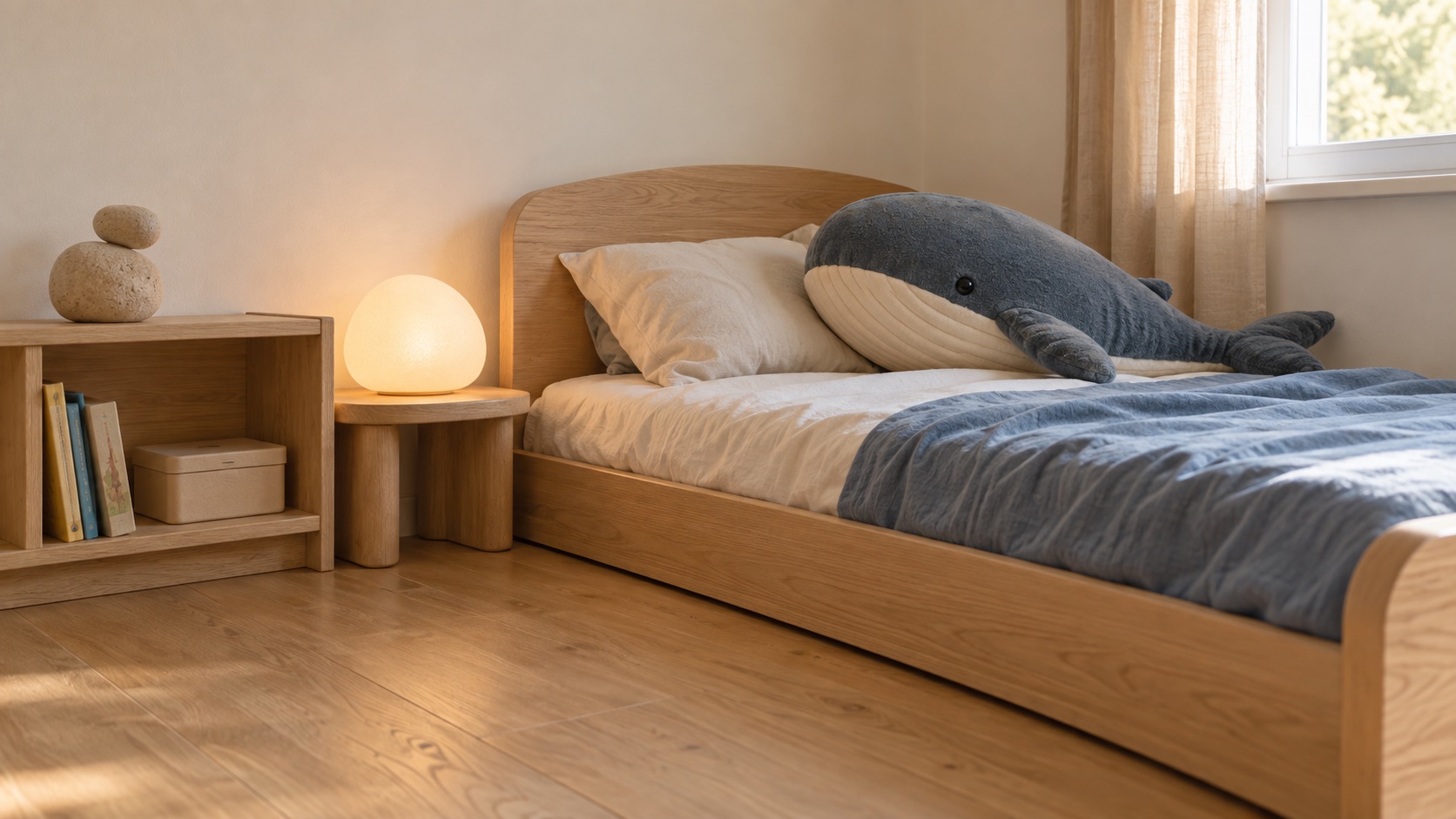 A quiet lived-in child's room with a low bed, whale room friend, pearl light, abstract stone object, and open floor